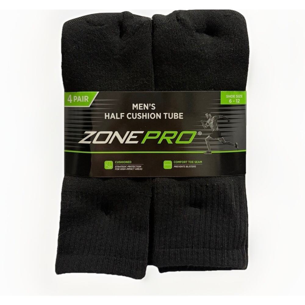Zone Pro Mens Half Cushion Tube Socks 4 Pair Black Shoe Size 6-12 Crew NEW